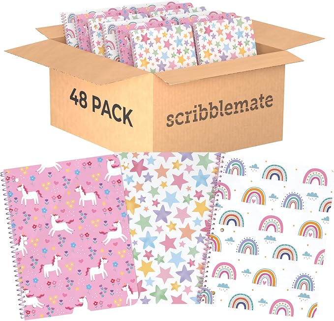 Wide Ruled Spiral Notebook, Bulk - 48 Adorable One Subject Notebooks for kids 100 Sheets/200 Pages, Perforated 3-Hole Punched Sheets with Interior Paper Pocket 8x10.5 Inch (48 Pack)