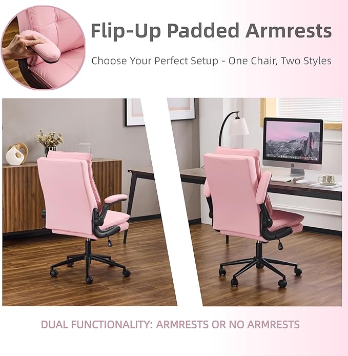 VINGLI Comfy Pink Leather Office Desk Chair,High-Back Ergonomic Computer Small Gaming Chair with/No Wheels,Adjustable Height,Flip-Up Arms,360° Swivel for Vanity,Home Office,Adults,Teen,Girls&Women