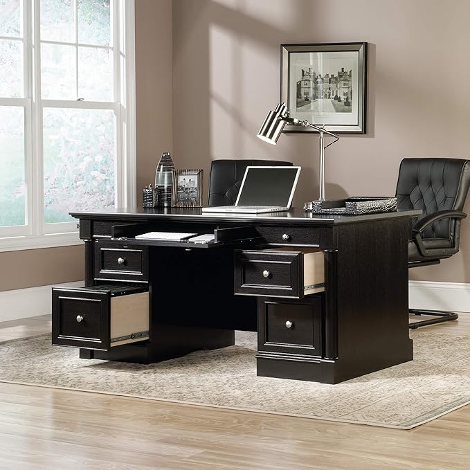 Sauder Palladia Office Desk with Drawers, Executive Desk with File Cabinet Storage, Cable Management, Keyboard Tray, in Wind Oak Finish