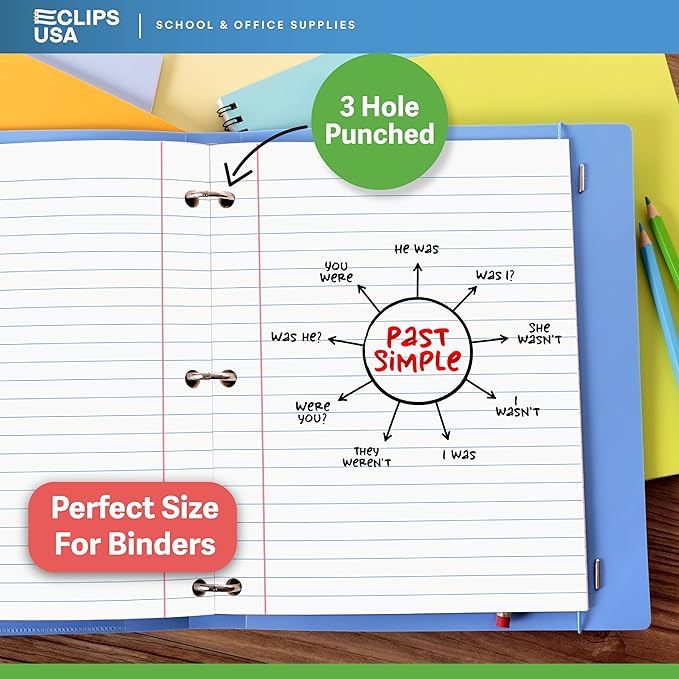 Notebook Paper, Loose Leaf Paper, Wide Ruled Paper, 10.5? x 8?, Filler Paper, 100 Sheets Per Pack, 60 gsm (6 Pack)