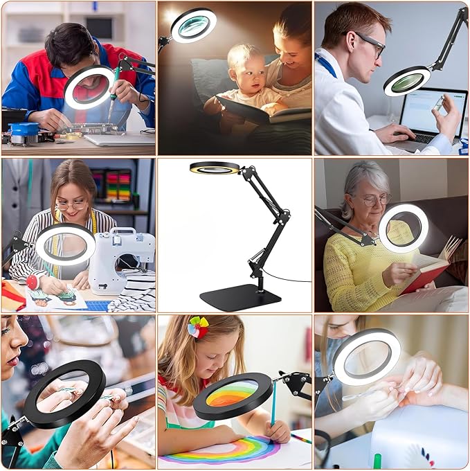 15X Magnifying Glass with Light – Real Glass Lens, 72 LEDs, 3 Color Modes Stepless Dimmable, Adjustable Swing Arm with Clamp and Base, Hands-Free Magnifier for Crafts, Reading, Repair, Close Work