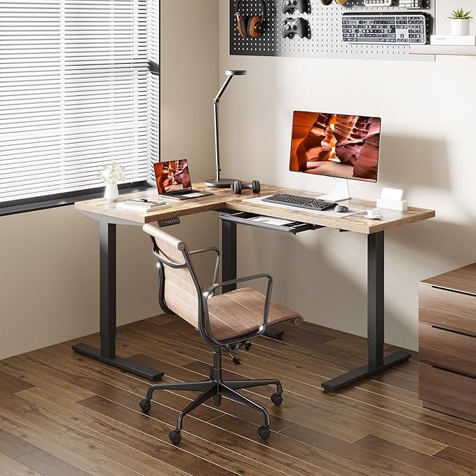 L-Shaped Standing Desk, 63 x 47 Inches Height Adjustable Desk with Storage, Sit and Stand up Desks, Ergonomic Rising Computer Table for Home Office with Splice Board, Rustic Brown