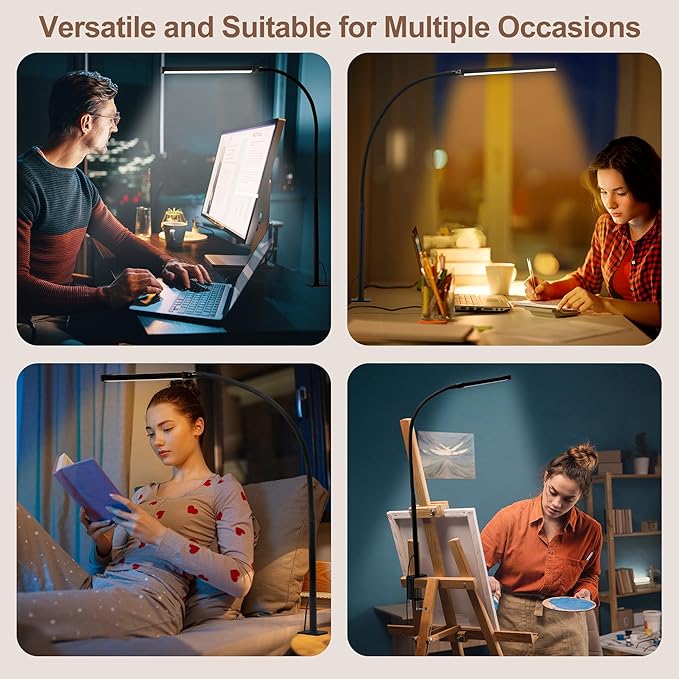 Led Desk Lamp for Home Office, Eye-Caring Desk Light with Clamp, Clip on Light for Reading, 3 Modes 10 Brightness, Flexible Gooseneck, Memory Function, Study, Work, Draw, White
