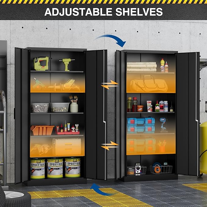 Metal Storage Cabinet-72” Tall Steel File Cabinet with Lockable Doors and Adjustable Shelves-Black Steel Storage Cabinet for Home, School, Office, Garage