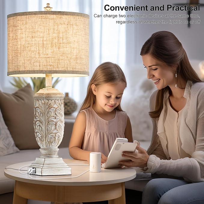 Set of 2 Farmhouse Table Lamps, 27.5'' Tall Rustic Bedside Lamps with USB Ports, Vintage Nightstand Lamp Leafwork White Resin Lamp with Rotary Switch for Living Room,Bedroom, End Table, Decor