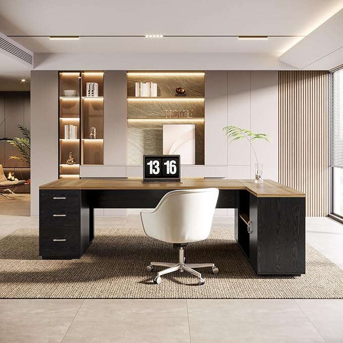 Tribesigns 85.8-Inch L-Shaped Executive Office Desk with File Drawers & Storage Cabinet, Professional Corner Computer Desk Extra Large Business Workstation with Adjustable Shelves (Brown&Black)
