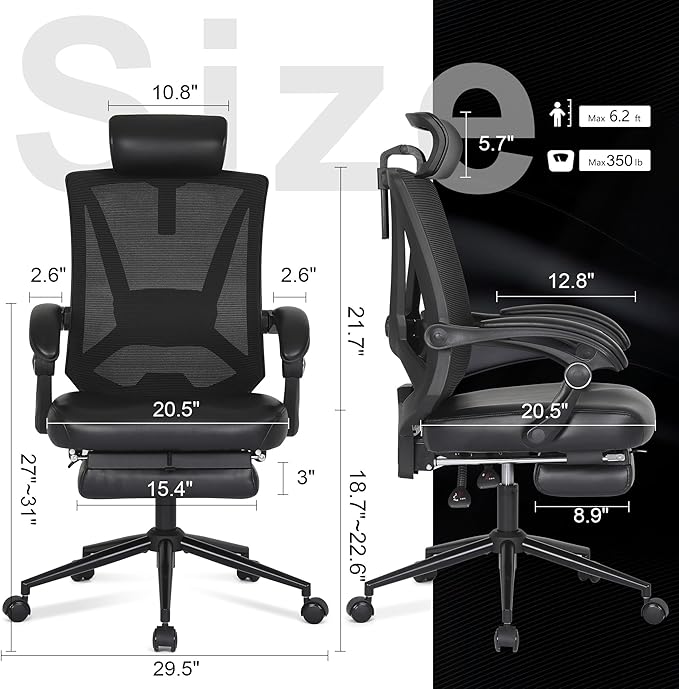 Misolant Ergonomic Office Chair with Footrest, Ergonomic Desk Chair with Adjustable 2D Lumbar Support, High Back Computer Chair with Adjustable Headrest, Comfortable Leather Office Chairs -Black