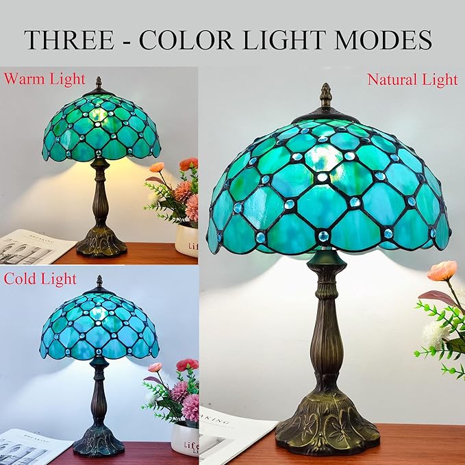 Tiffany Lamp Stained Glass Table Lamp Antique Bedside Desk Reading Light 3-Way Color LED Living Room Nightstand Light 12X12X19 Inches Home Office Desk Light