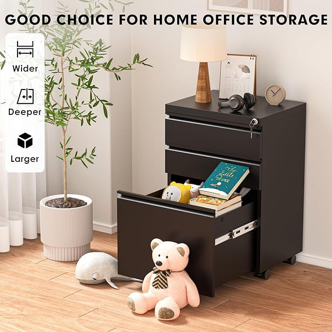 Greenvelly Mobile File Cabinet, 3 Drawer Metal Filing Cabinet on Wheels, Under Desk File Cabinet for Home Office Organizer Letter/Legal/A4 File (Black)