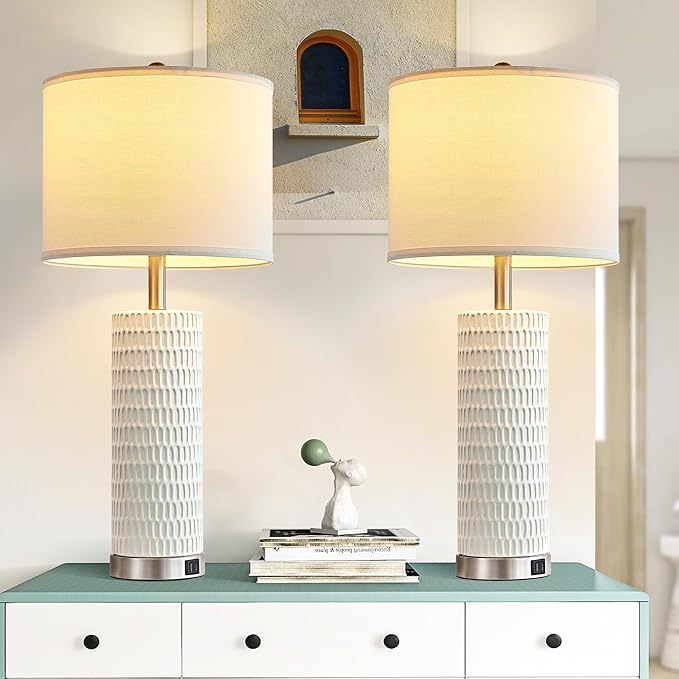 White Table Lamps Set of 2, 28" Ceramic Lamps for Living Room with USB C+A Ports, Touch Lamps for Nightstand, 2 Bulbs Included