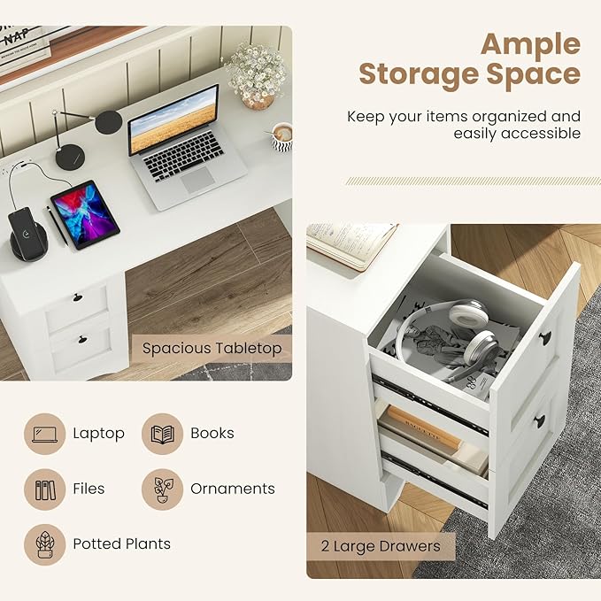Tangkula White Desk with Drawers & Charging Station, Wooden Home Office Desk PC Laptop Notebook Desk, Compact Study Desk Writing Desk, Computer Workstation Ideal for Home & Office