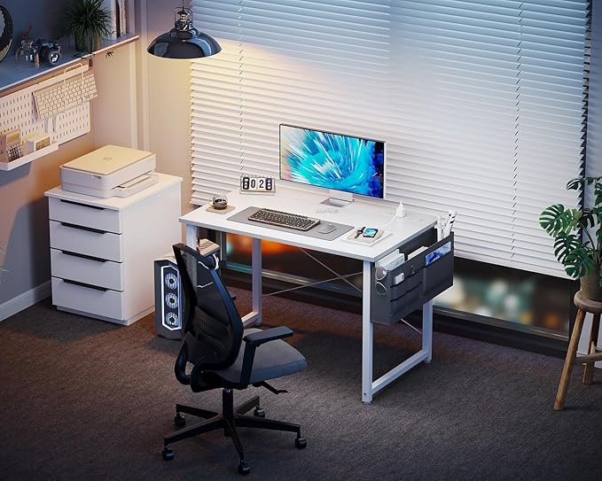 KKL Small Desk with Power Outlets and USB Port Computer Desk for Home Office Gaming Simple Modern Style Writing Desks with Storage Bag Headphone Hook, 32 inch, White