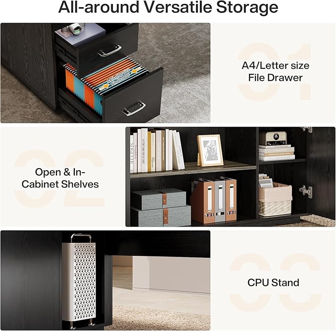 Tribesigns 85.8-Inch L-Shaped Executive Office Desk with File Drawers & Storage Cabinet, Professional Corner Computer Desk Extra Large Business Workstation with Adjustable Shelves (Gray&Black)