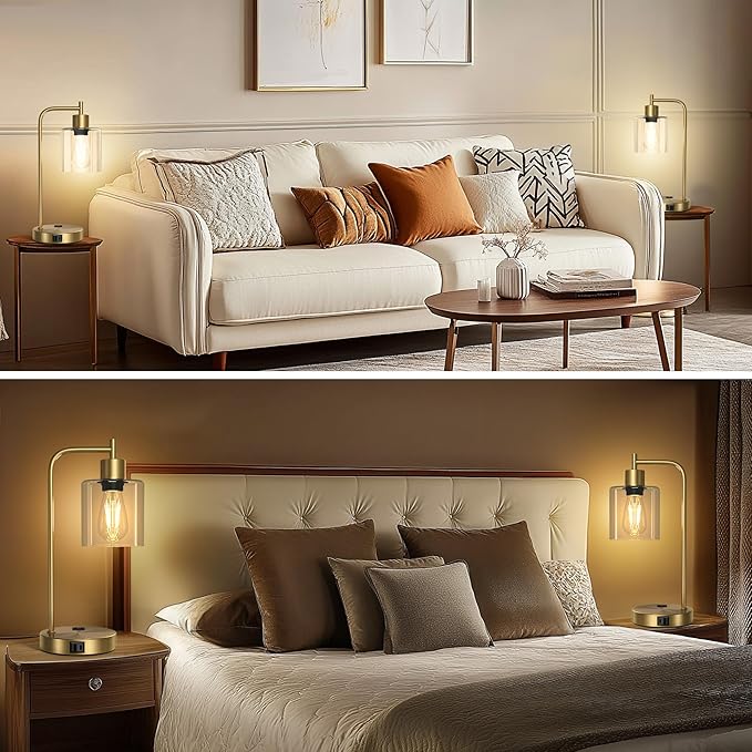 QiMH Set of 2 Industrial Touch Control Table Lamps with 2 USB Ports and 2 AC Outlets, 3-Way Dimmable Bedside Nightstand Reading Lamps with 2700K LED Bulbs, Glass Desk Lamp for Living Room,Bedroom