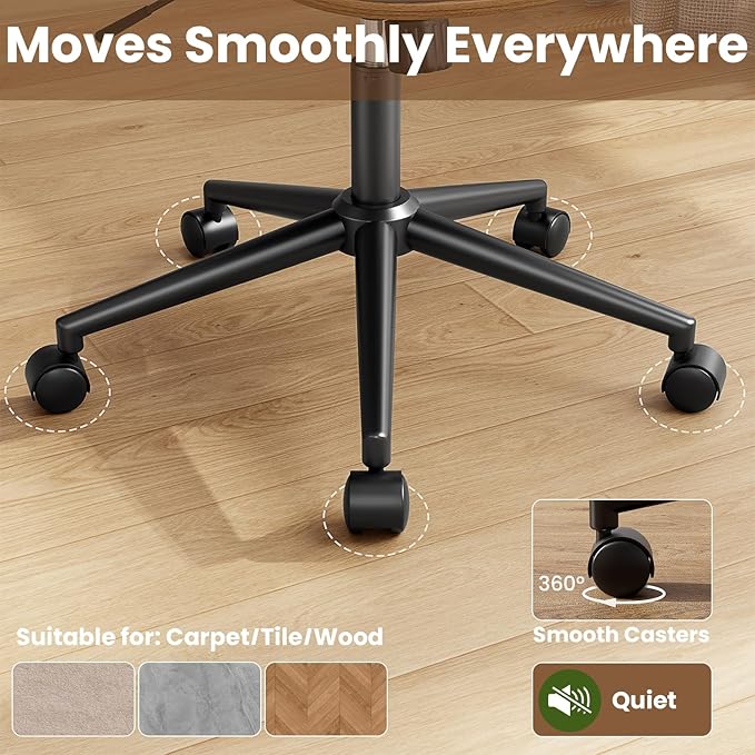 Home Office Chair with Wheels, Armless Office Desk Chair Adjustable Height, Swivel Rolling Modern Walnut Mid Back Computer Task Chair for Home Office, Small Space, Beige, Lozenge Pattern