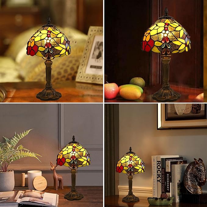 Tiffany Small Table Lamp 3 Color Temperatures Rose and Beads Stained Glass Bedside Nightstand Table Lamps for Bedroom,Living Room,Home Office Reading Desk Lamp+LED Bulb 8X8X15 Inch
