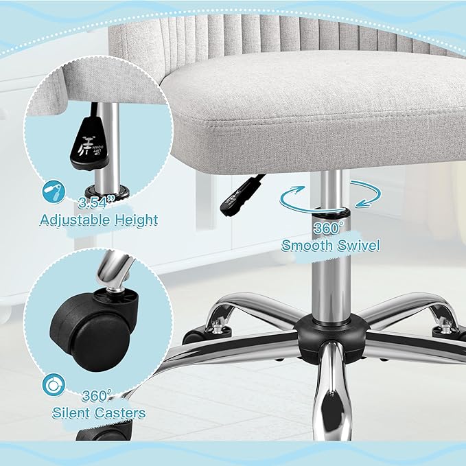 Furniwell Office Chair Armless Cute Desk Chair Modern Adjustable Swivel Padded Fabric Vanity Task Computer Chair Home Office Desk Chairs with Wheels (Grey)