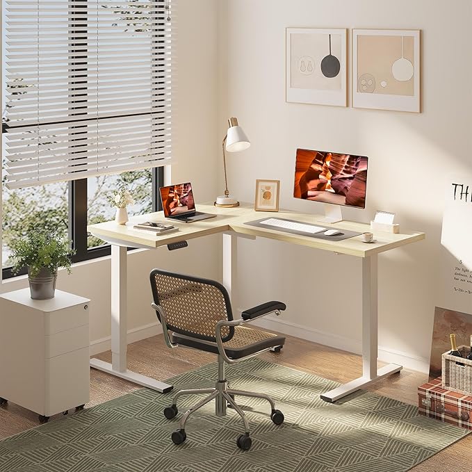 L-Shaped Standing Desk, 63 x 47 Inches Height Adjustable Desk, Sit and Stand up for Work Office Home, Ergonomic Rising Computer Table for Home Office with Splice Board, Maple