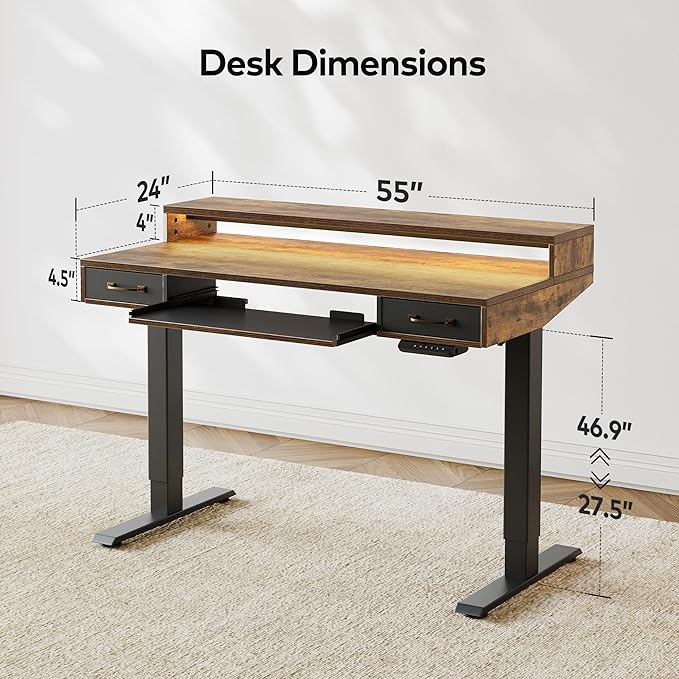 FEZIBO 48 x 24 Inch Height Adjustable Electric Standing Desk with Double Drawers&Keyboard Tray, Stand Up Desk with LED Strips&Monitor Stand,Rustic Brown Top
