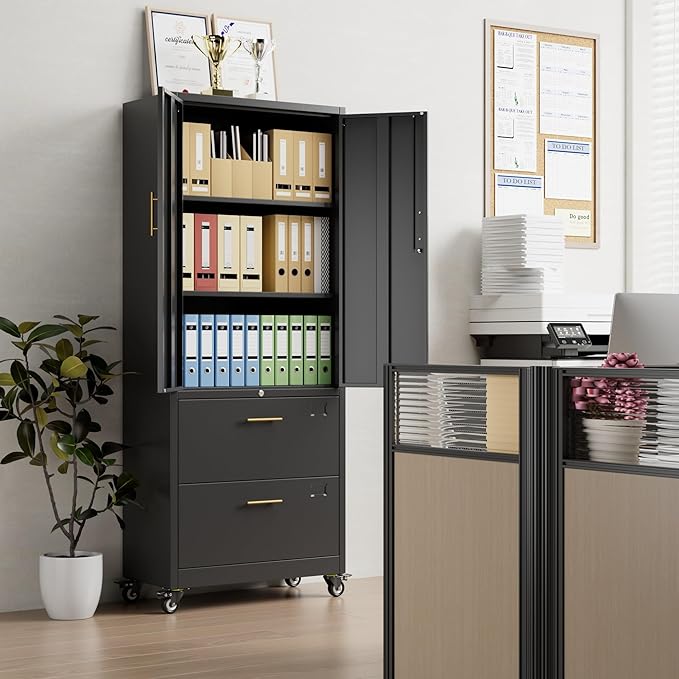 METAN Metal File Cabinet with 2 Drawers and 2 Shelves,Office Filing Cabinet on Wheels with Lock,Office Storage for Letter/Legal Size,Assembly Required,Black