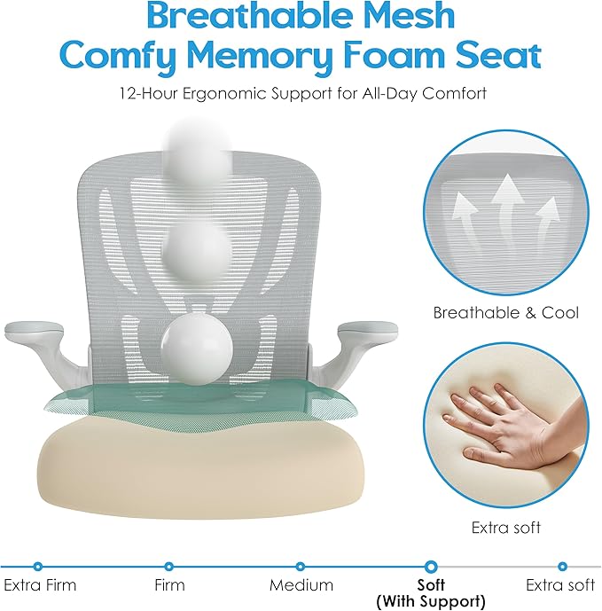 Office Chair Ergonomic Desk Chair - Mesh Computer Chair Breathable Task Chair with Wheels Adjustable Lumbar Support Home Desk Office Chairs Flip up Armrest Executive Rolling Swivel White