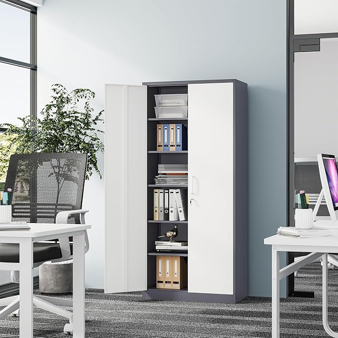 Metal Storage Cabinet-72” Tall Steel File Cabinets with Lockable Doors and 5 Adjustable Shelves-Gray&White Steel Storage Cabinet for Home, School, Office, Garage