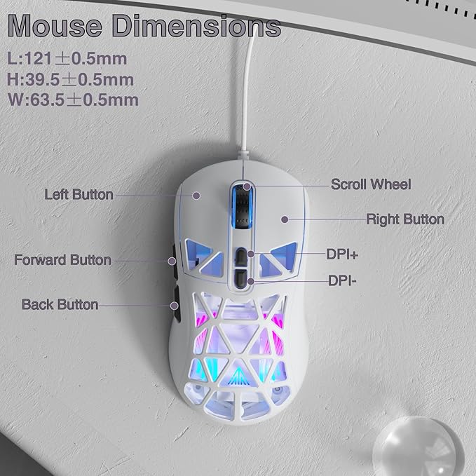 SOLAKAKA SM901 Gaming Mouse,13800DPI RGB Mouse with Programmable Buttons,53g Lightweight Wired Mouses for Gamer,White