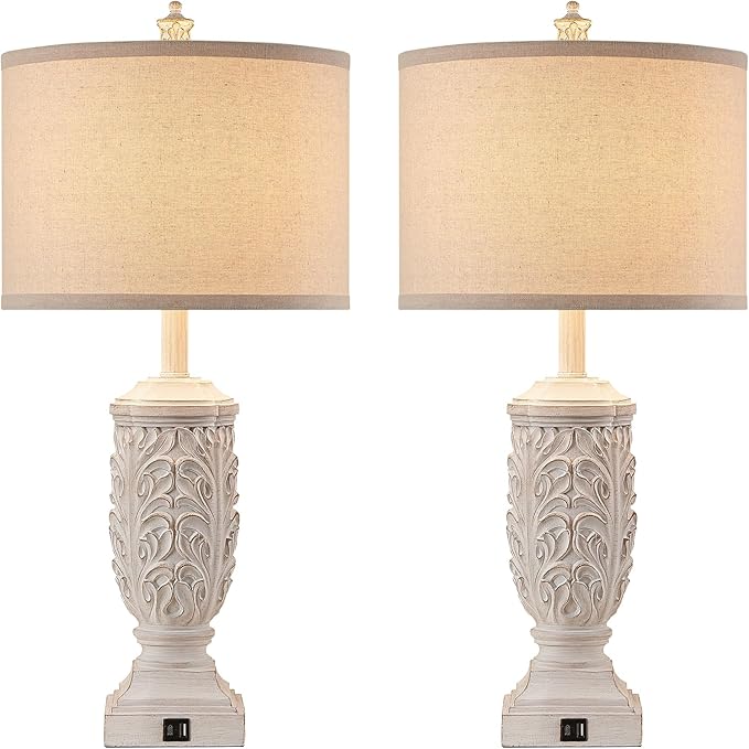 Table Lamps Set of 2 for Living Room, Farmhouse Bedside Lamp with USB C+A for Bedroom, 28.5" Tall Rustic Nightstand Lamps with Linen Fabric Shade,White Elegante Lamps for Hotel Office Decor
