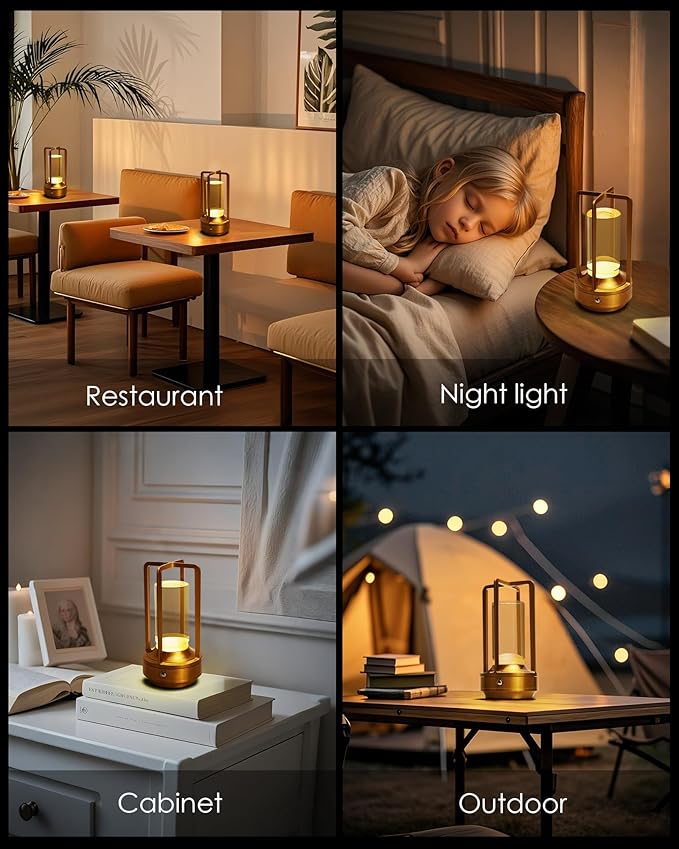 Set of 2 Cordless Table Lamps, LED Rechargeable Battery Operated Desk Lamps with 3 Color Stepless Dimmable, Small Light Portable for Outdoor Patio Bar Restaurants Bedroom Bedside (Gold)