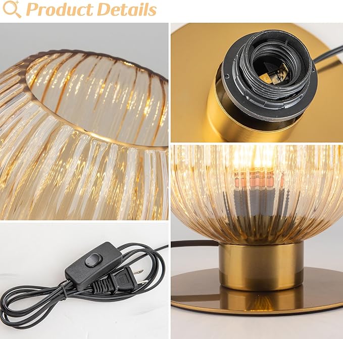 Small Table Lamp, Mid Century Modern Bedside Table Lamp, Amber Ribbed Glass Globe Table Lamp, Vintage Brass Nightstand Lamp for Bedroom Living Room Office, E26 Desk Lamp