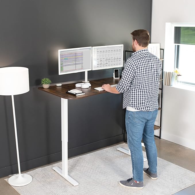 VIVO Electric 63 x 32 in Rustic Standing Desk, Memory Height Adjustment, 1B Series, Vintage Brown Top White Frame, DESK-KIT-1W1N