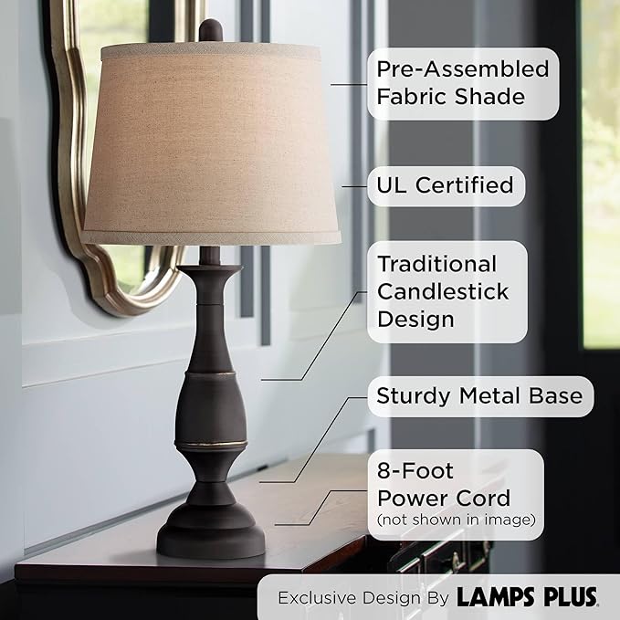 Regency Hill Ben Farmhouse Traditional Table Lamps 25" High Full Size Set of 2 Dark Bronze Brown Metal Beige Linen Drum Shade Decor for Living Room Bedroom House Bedside Nightstand Home Office