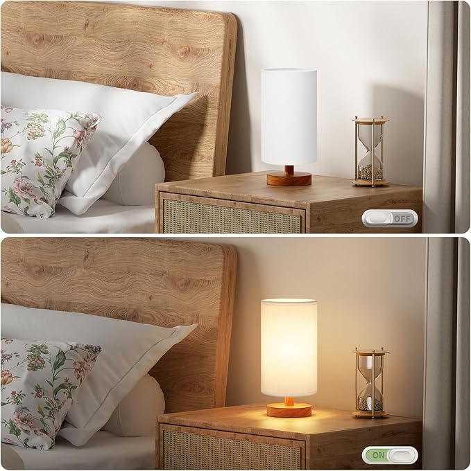 Small Table Lamp for Bedroom - Inline Control, Bedside Lamp with 3000K A15 LED Blub, Easy Assembly (White Shade - Walnut Base, 9" Inline Control)
