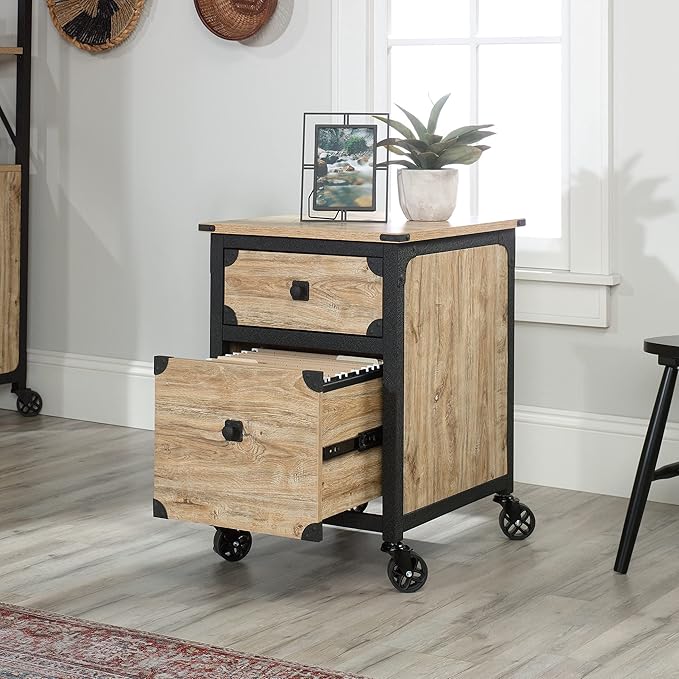 Sauder Steel River Pedestal File Cabinet, Metal Accent File Cabinet, Casters for Mobility, Industrial Style - Milled Mesquite Finish