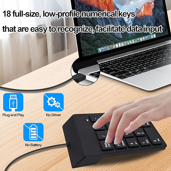 USB Numeric Keypad Wired Number Pad Portable USB Numpad 18 Key Number Keyboard for Laptop, PC, Computer, Desktop- Black