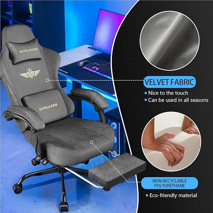GTPLAYER Gaming Chair Fabric with Pocket Spring Cushion, Big and Tall Gamings Chairs 350LBS High Back Computer Chair with Footrest for Adults Lumbar Support Swivel Game Chair for Office Dark Grey