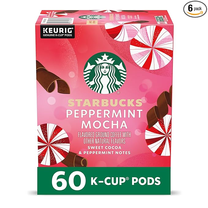 Starbucks K-Cup Coffee Pods, Peppermint Mocha Naturally Flavored Coffee for Keurig Brewers, 100% Arabica, Limited Holiday Edition, 6 Boxes (60 Pods Total)