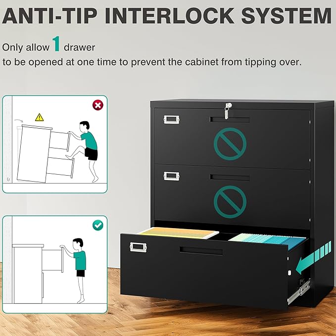 SISESOL 3 Drawer Lateral File Cabinet with Lock,Black Lateral Filing Cabinet,Horizontal Metal Filing Cabinets,Locked Wide Three Drawer File Cabinets for Office Home,Fit A4/F4/Letter/Legal File