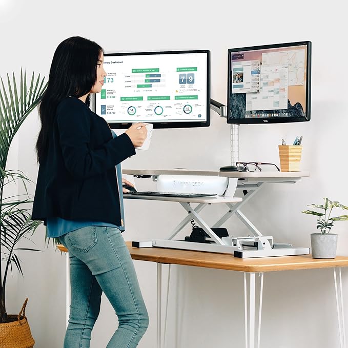 VERSADESK® PowerPro™ Electric Standing Desk Converter - Height Adjustable Desk Riser with Keyboard Tray - Holds 80 lbs - Built-in USB Charging Port - Ergonomic Sit Stand Workstation | White (36 inch)