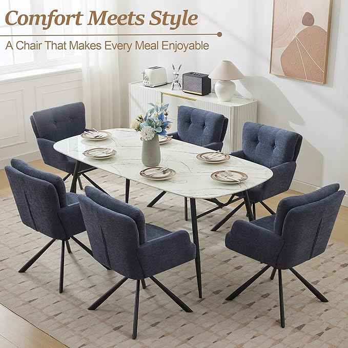 Fabric Dining Chair Set of 2 Modern Upholstered Swivel Dining Room Chairs Comfy Accent Armchair with Mid Back, Desk Arm Chair No Wheels for Kitchen/Living Room/Dining Room, Navy