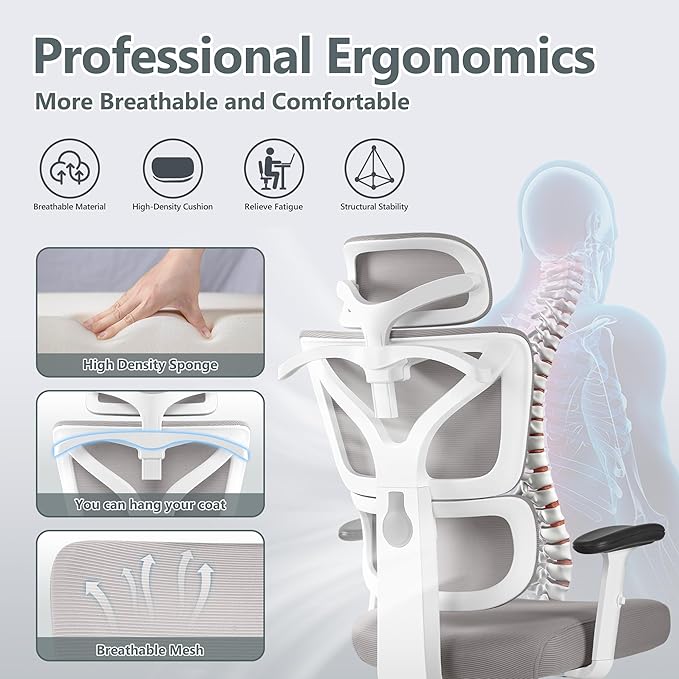 Winrise Office Chair Ergonomic Desk Chair, High Back Gaming Chair, Big and Tall Reclining Chair Comfy Home Office Desk Chair Lumbar Support Breathable Mesh Computer Chair Adjustable Armrests (Gray)