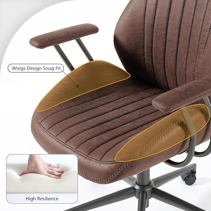 ovios Ergonomic High Back Office Chair, Mid-Century Modern Faux Suede Leather Chair with Padded Armrests, Comfy Executive Computer Task Swivel Rolling Chairs, Dark Coffee