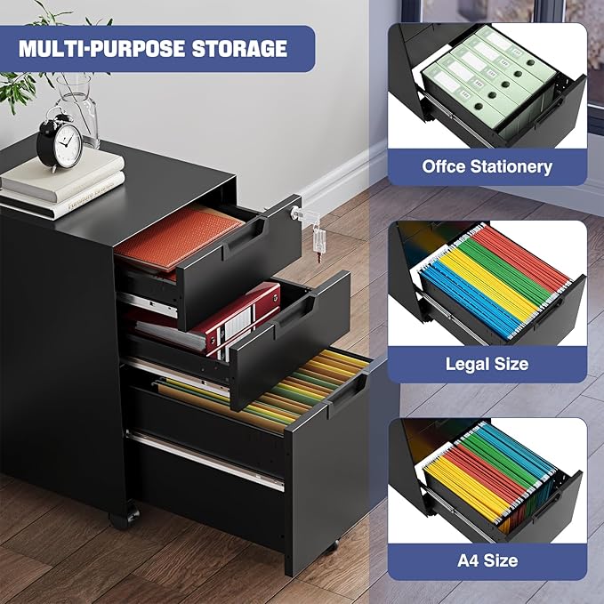 Rolling File Cabinet with Lock, 3 Drawer Metal Mobile Filing Cabinet for Legal/Letter Size,Fully Assembled Except Casters