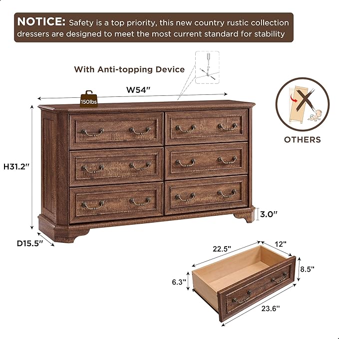 T4TREAM Farmhouse 6 Drawers Dresser for Bedroom, 54" Wide Wood Rustic Chest of Drawers with Natural Texture, Vintage Design, Storage Dressers Organizer for Bedroom, Living Room, Reclaimed Barnwood