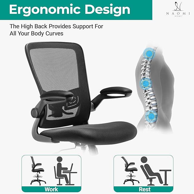 Serena Ergonomic Mesh Drafting Chair - Adjustable, Breathable Mesh, Lumbar Support, Ergonomic and Height Adjustable Flip-Top Office Chair with Foot Ring and Productivity - Gray