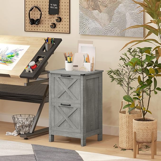 HOMCOM 2 Drawer Vertical File Cabinet with Silent Slides, Rustic Farmhouse Filing Cabinet with Barn Doors for A4/Letter Size, Printer Stand with Storage for Home Office, Distressed Light Gray