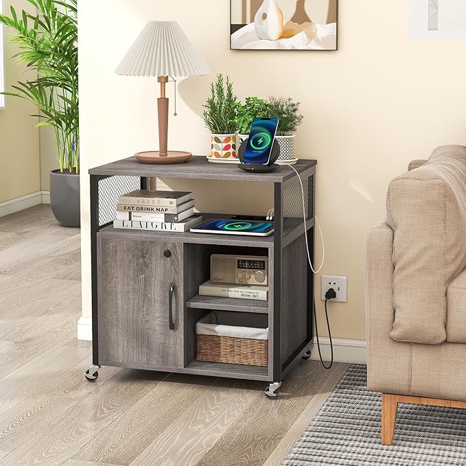 LOKO Rolling File Cabinet with Charging Station, Mobile Lateral Filing Cabinet with Lock, Adjustable Shelf, Metal Frame, Modern Printer Stand on Lockable Wheels for Home Office, Small Space (Grey)