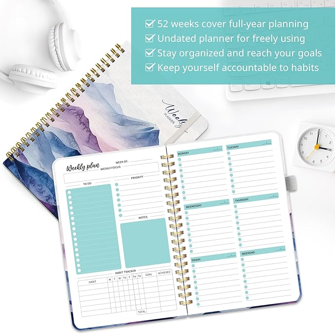 Undated Weekly Planner, Weekly To Do List Notebook with Goal & Habit Tracker Organizer, A5 Weekly Planner Notebook with Spiral Binding, 6.1" x 8.2" - Distant Peaks