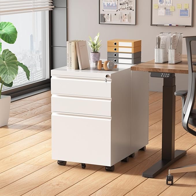 Superday File Cabinet 3 Drawer, Metal Rolling Vertical Filing Cabinet with Wheels, Small Under Desk File Cabinets for Home Office (White)