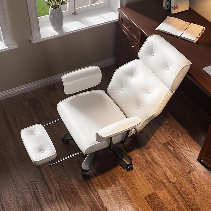 Reclining Office Chair with Footrest, Big and Tall Office Desk Chair 400lbs Wide Seat, Leather High Back Ergonomic Vintage Chair, Heavy Duty Executive Computer Chair, White